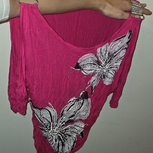 Pink Top with Black and White Floral Design
